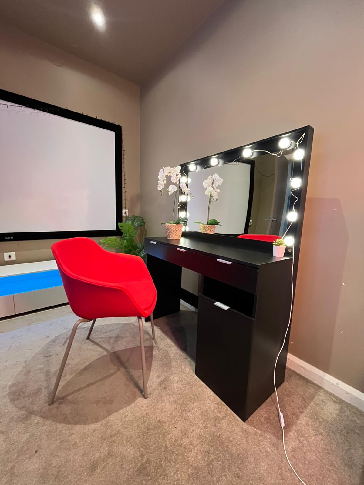 ✨ Hollywood Vanity Desk with LED Mirror & Chair (Red or Grey)