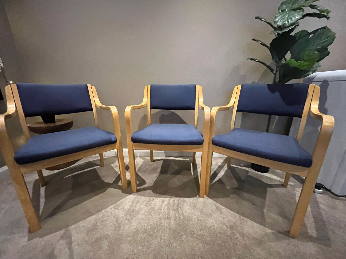 Set of 3 classic wooden armchairs with navy blue cushions