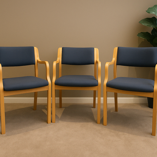 Set of 3 classic wooden armchairs with navy blue cushions