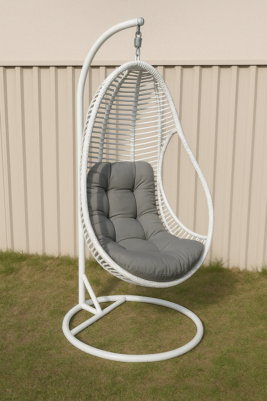 Hanging Egg Chair with Stand – White Rattan & Grey Cushion