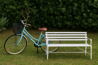 Vintage Light Blue Bike + White Metal Bench – Outdoor Pair