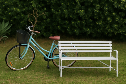 Vintage Light Blue Bike + White Metal Bench – Outdoor Pair