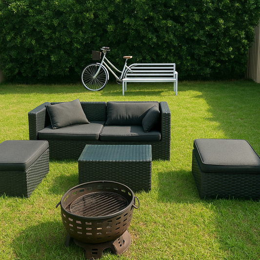 Outdoor Rattan Lounge Set + Metal Fire Pit with Lid