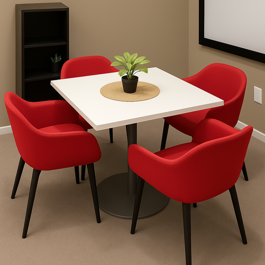 Modern Dining Set – White Table + 4 Curved Red Chairs