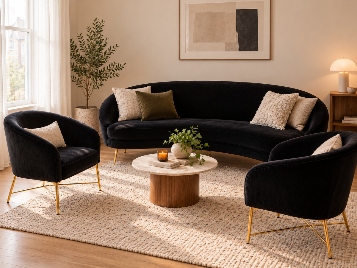 3-Piece Black Sofa Set Velvet