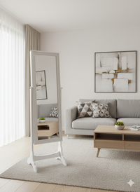 White Standing Jewelry Cabinet with Full-Length Mirror