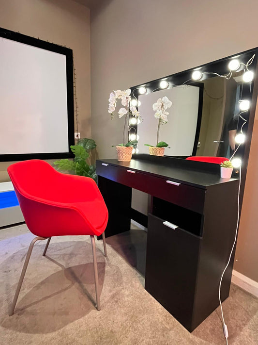 ✨ Hollywood Vanity Desk with LED Mirror &amp; Chair (Red or Grey)