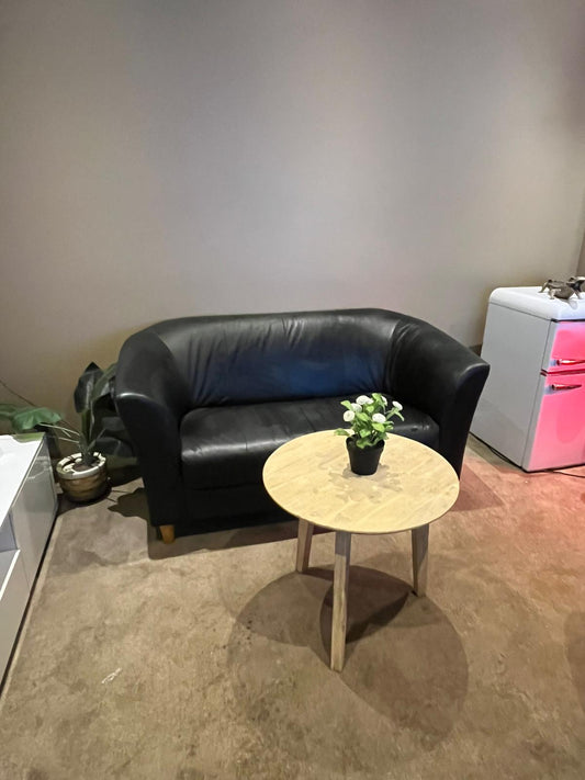 Compact Luxury: Genuine Black Leather Sofa & Round Solid Wood Coffee Table ✨