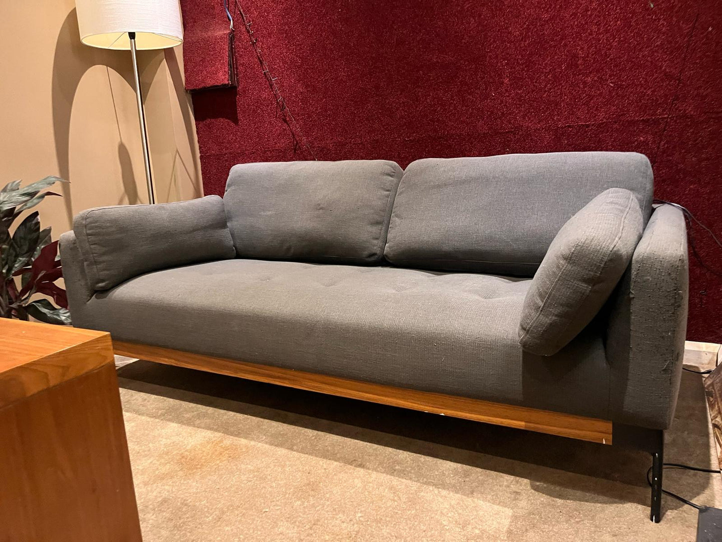 Modern Grey Fabric Sofa with Wooden Base
