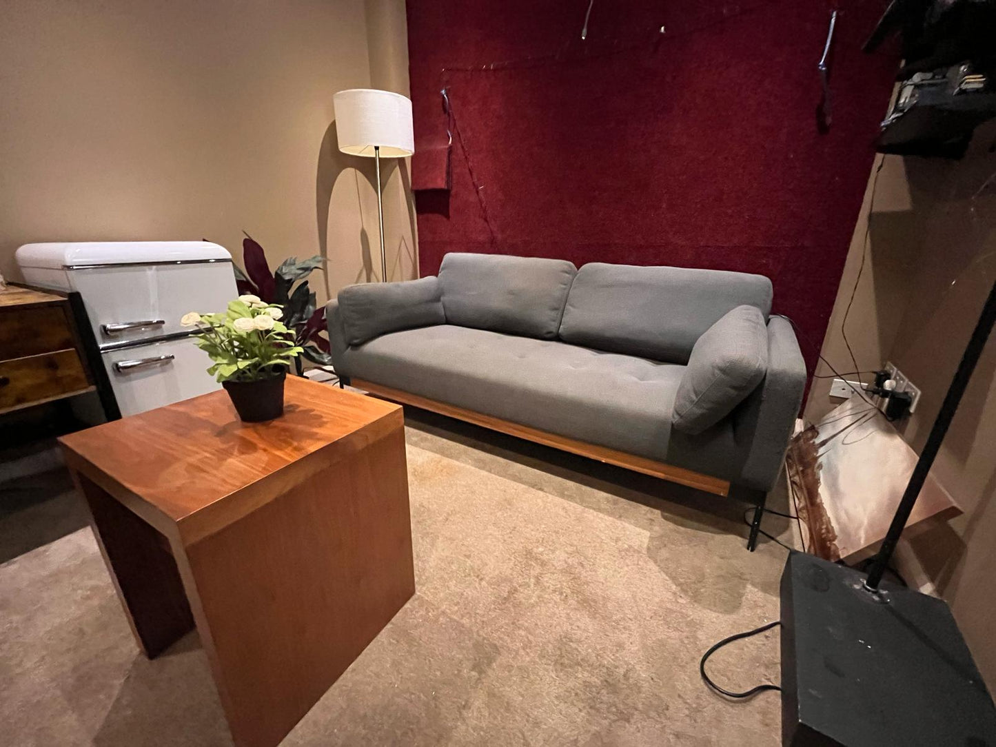 Modern Grey Fabric Sofa with Wooden Base