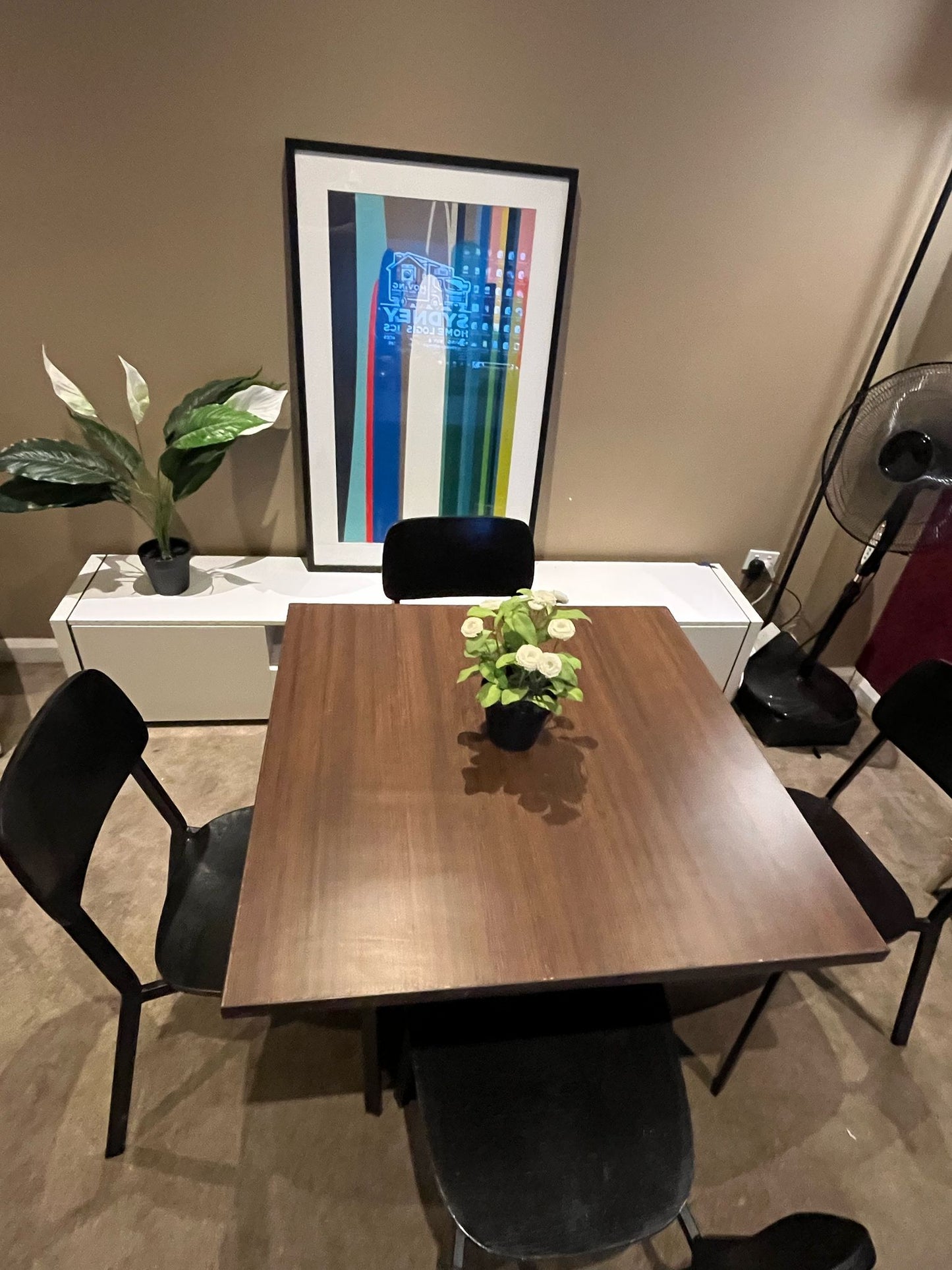 Modern 4-Seater Dining Set – Walnut Table + Black Chairs