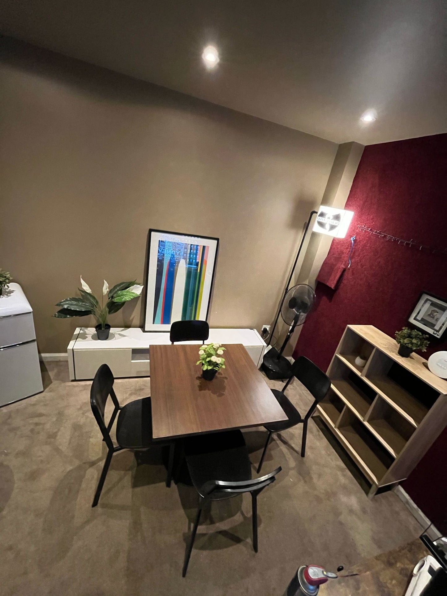 Modern 4-Seater Dining Set – Walnut Table + Black Chairs