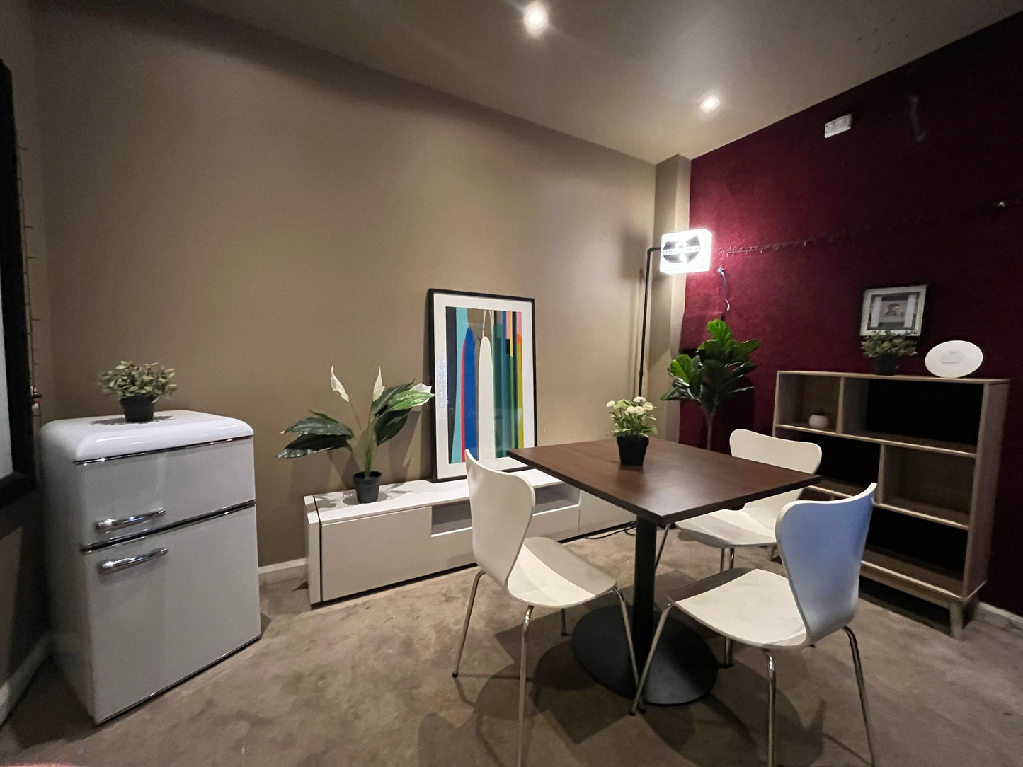 4-Seater Dining Set – Walnut Table with White Modern Chairs