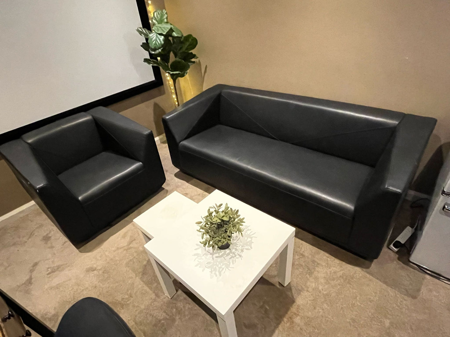 Modern Black Leatherette Sofa Set – 2-Seater + Armchair