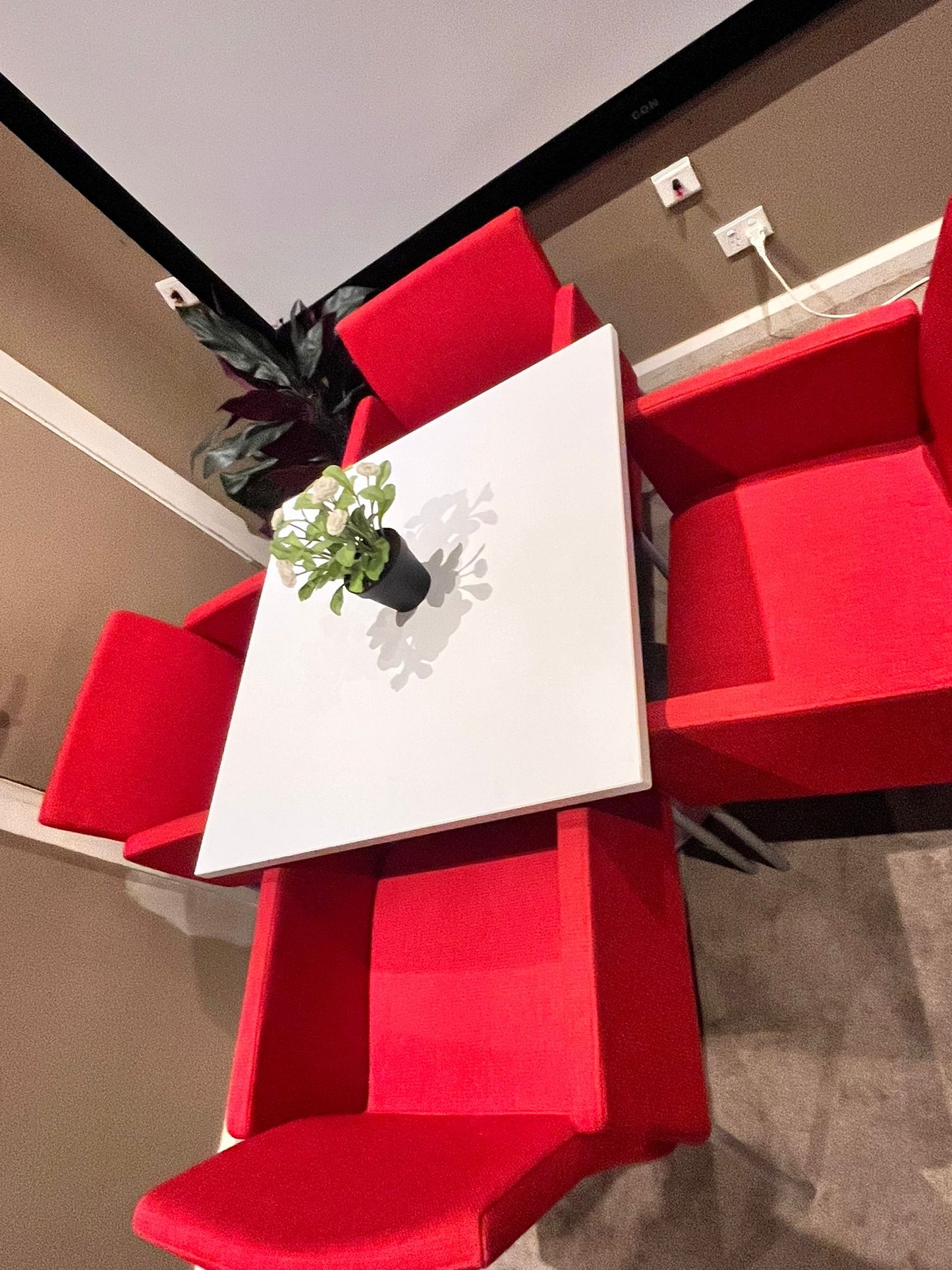 Modern Dining Set – 4 Red Chairs + White Table