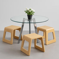 Modern Dining Set – Round Glass Table + 4 Wooden Stools