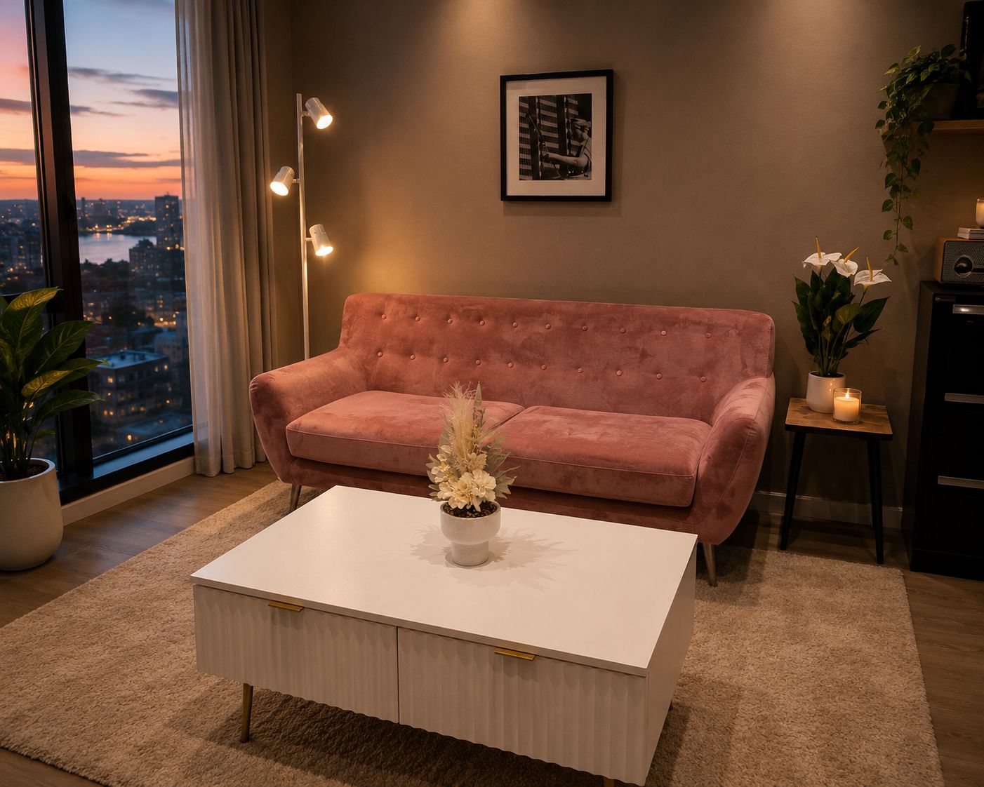 ✨ Elegant Pink Velvet Sofa + Designer Coffee Table ✨