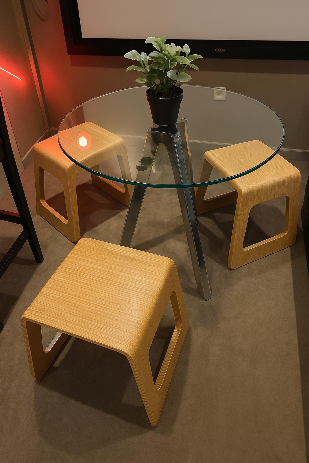 Modern Dining Set – Round Glass Table + 4 Wooden Stools