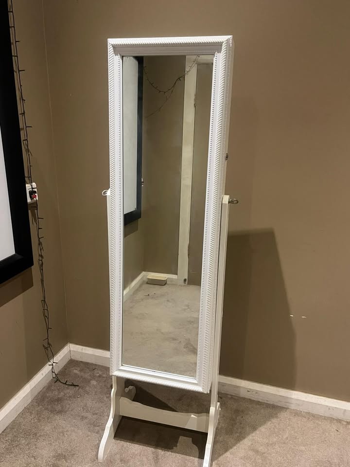 White Standing Jewelry Cabinet with Full-Length Mirror