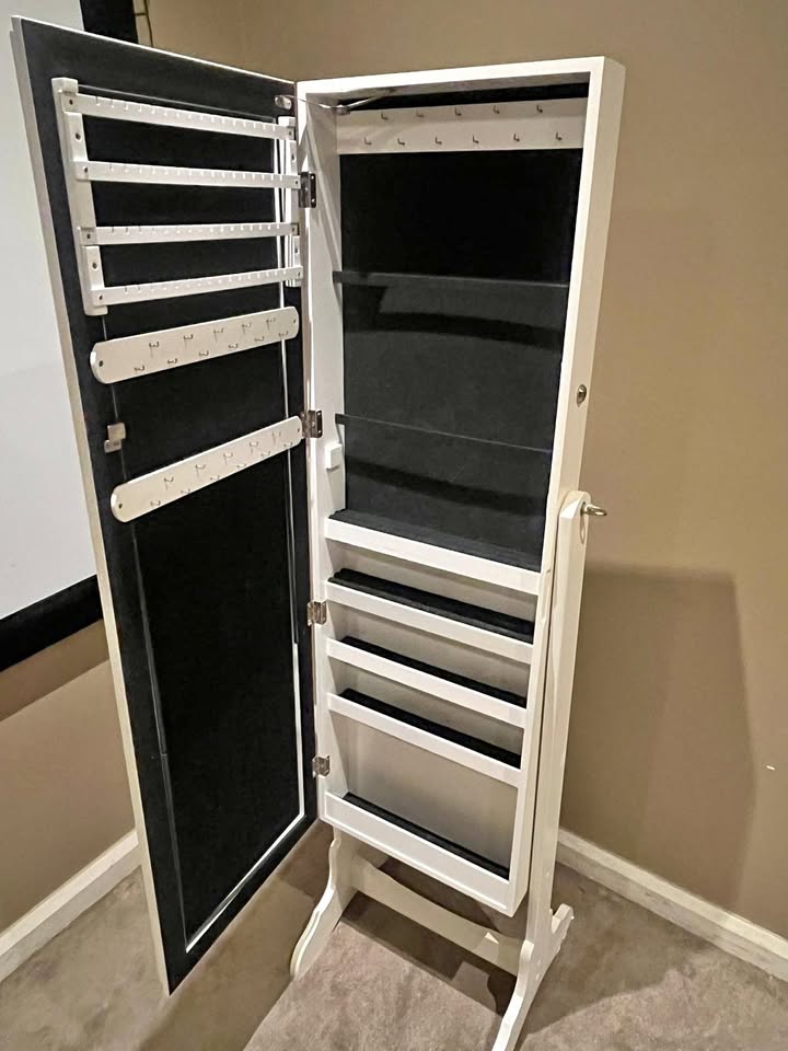 White Standing Jewelry Cabinet with Full-Length Mirror